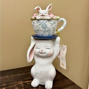 Bella lux Charming White Bunny Figurine with Teacup